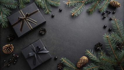 Elegant Christmas Gift Background &ndash; Black Gift Boxes, Pine Cones & Fir Branches | Luxury Holiday Flat Lay