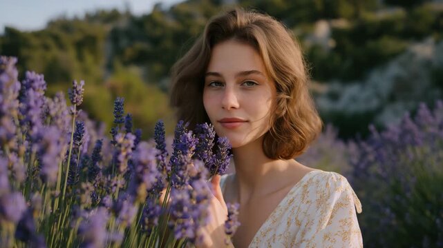 Woman hiding behind tall lavender stems in a breezy field, soft wind moving both dress and flowers &mdash; concept of romantic outdoor floral photography, dreamy lavender field portraits, boho bridal