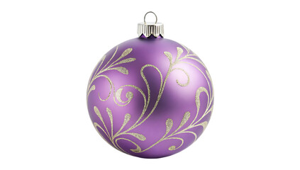 Classic  purple Christmas Bauble with Gold Glitter Filigree  isolated on white background.  Elegant Festive Tree Ornament  on white background