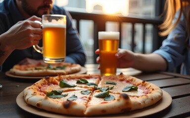 Close-up picture of people drinking beer and eating pizza on balcony at brewery pub table - Happy friends having dinner party at pizzeria restaurant - Dining lifestyle concept. High quality