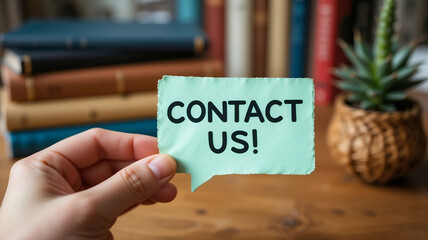 Hand holding a green speech bubble-shaped paper note with "CONTACT US!" text over a wooden desk with books; a modern concept for customer service, educational support, and communication.
