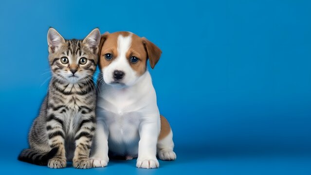 Cute and happy of a small silver tabby kitten and a little Jack Russell puppy sitting side-by-side on a seamless blue background. With copyspace.