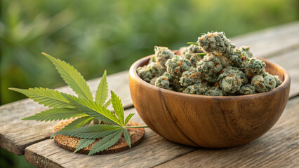 Premium Cannabis Buds in Wooden Bowl &ndash; Fresh Marijuana Flowers, Hemp Leaves, Natural Organic Weed