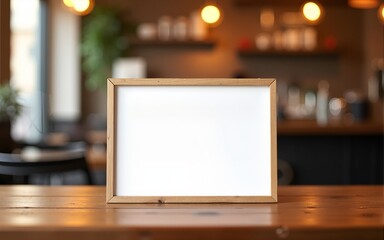 a blank sign on a wooden table in a restaurant. The sign is perfect for showcasing your menu or specials. The warm lighting and blurry background add a cozy atmosphere to the scene. High quality