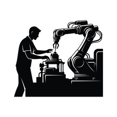 Silhouette of man operating robotic arm in factory