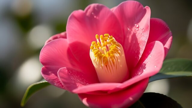 Bright Pink Camellia Flower Blooming with Dew Drops and Yellow Stamens