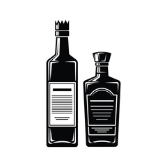 Two black bottles with labels and crown cap on white