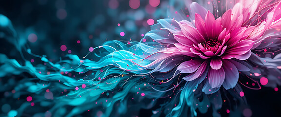 Digital airbrush painting, sleek teal, neon pink, and charcoal grey abstract floral pattern, high-speed motion blur and lens flare bokeh, seamless geometric pattern, iridescent holographic edge outlin