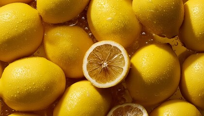 Fresh Yellow Lemons with Water Droplets Flat Lay