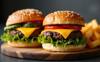 two burgers with cheese and potatoes,. High quality