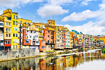 Colorful houses along the Onyar River, also known as hanging houses, in the city of Girona, Catalonia, Spain	