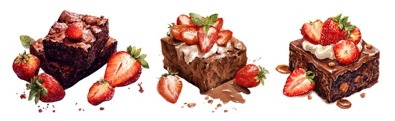 Delicious brownie assortment with fresh strawberries and cream toppings. Hand-painted dessert collection featuring cocoa treats, berry garnishes, and sweet confections on white.