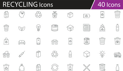 Minimalist black line vector icons set illustrating recycling, waste management, and eco-conscious disposal, ideal for sustainability education, environmental signage, green campaigns