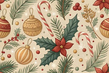 Seamless Vintage Christmas Pattern with Holly, Poinsettia, Candy Canes, and Ornaments. Christmas seamless pattern
