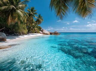 beautiful tropical beach with palm trees and clear blue sky. colorful sandy beaches, crystal-clear waters of the caribbean or indian ocean