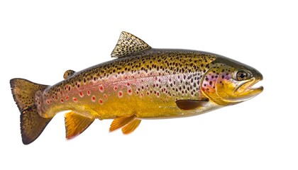 Fototapeta premium A vibrant, detailed shot of a single fish with a speckled body. It has fins, and a mouth, isolated against a white background