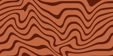 Retro coffee color background. Milk chocolate liquid dessert texture. Wavy swirl candy pattern for poster, cover, banner, pamphlet. Vintage brown trippy hippie wallpaper in 60s or 70s style. Vector