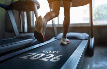 Happy new year 2026, Motivational Fitness Journey in a Gym Setting with Treadmill and Goal to Start...