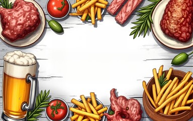 Pub food frame vector illustration. Beer, meat, fast food and snacks hand drawn. Food set for pub design top view. Vintage engraved illustration for beer restaurant for beer restaurant. High quality