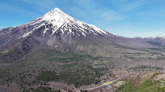 Aerial view of the Mamuil Malal checkpoint on the border. Customs between Argentina and Chile. With Lan&iacute;n volcano in the background.