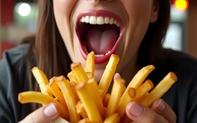 Close-up of woman eating French fries in a pub. High quality