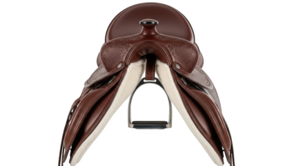 Brown leather horse saddle with white fleece lining and metal stirrup equestrian