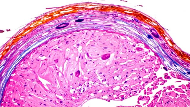 Close-up of a microscopic tissue sample with concentric rings and a pink, fibrous texture