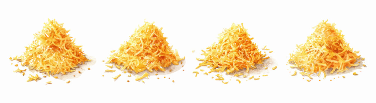 Watercolor set of grated cheeses. Grated parmesan shavings. Cheese for making pasta, pizza, etc. Dairy products of hard cheeses for cooking. Vector illustration.