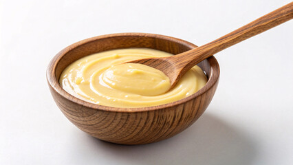 Creamy Custard in Wooden Bowl &ndash; Sweet Dessert Cream, Vanilla Pudding, Homemade Dessert Spread
