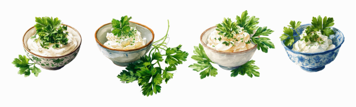 Watercolor yogurt bowl illustration with creamy dairy product, fresh parsley. Greek yogurt set with sour cream, perfect for breakfast recipes and homemade dips.
