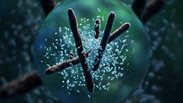 Lactobacilli colonies growing on wooden splinters, water flow with flow of sticks and lactobacilli effect macro texture style