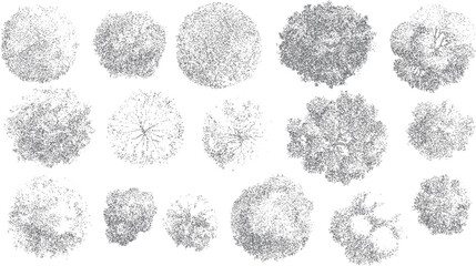 Obraz na płótnie Canvas Fifteen top down view illustrations of various trees rendered in grey stippling on a white background