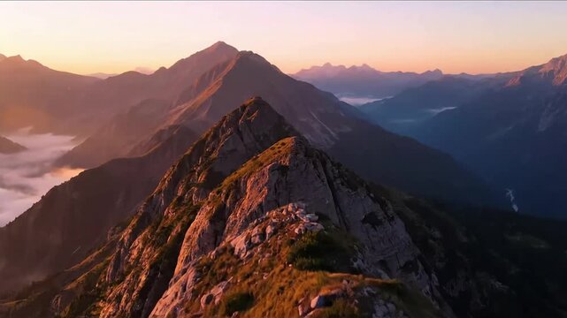 Misty dawn light revealing hidden valleys with flying over the beautiful mountain effect nature landscape style featuring mountain