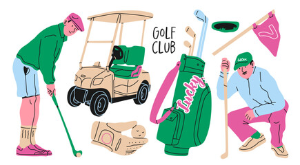 Golf symbols, equipment. Golf players in various poses, cart, glove with ball, flag, golf clubs bag, hole. Hand drawn Vector illustration. Isolated design elements. Sport, tournament, activity concept