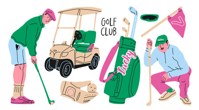 Golf symbols, equipment. Golf players in various poses, cart, glove with ball, flag, golf clubs bag, hole. Hand drawn Vector illustration. Isolated design elements. Sport, tournament, activity concept