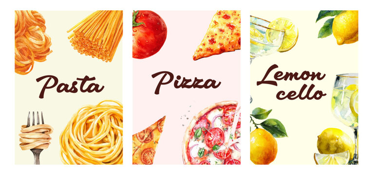 Vintage Italian poster design with Amalfi lemons, pasta, and Mediterranean summer motifs. Perfect menu template featuring coastal Italy food illustrations and retro graphic elements.