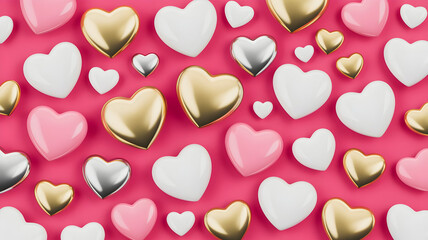 Colorful assortment of metallic and paper hearts arranged in a flat lay pattern