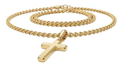 Gold cross pendant on a wheat chain necklace isolated on black jewelry