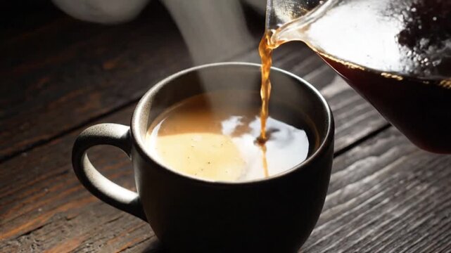 Pouring Coffee into Mug on Wooden Table