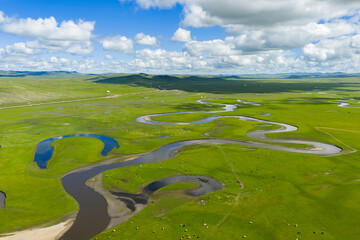 Aerial view magnificent scenery of the meandering rivers in the Hulunbuir Grassland of Inner Mongolia, China