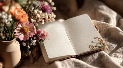 Open notebook with pastel flowers in a soft floral stationery mockup