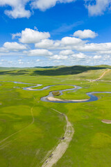 Aerial view magnificent scenery of the meandering rivers in the Hulunbuir Grassland of Inner Mongolia, China