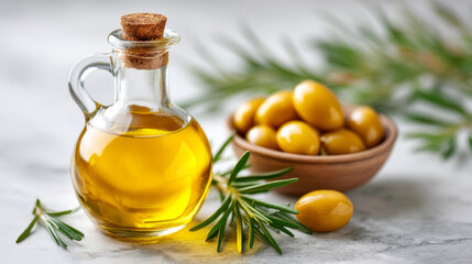 Mediterranean olive oil and olives with fresh herbs for culinary inspiration
