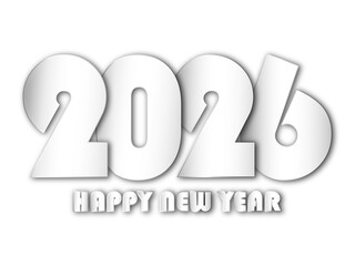 Happy New Year 2026 in white 3D typography. Clean paper cut numbers with soft shadow effect. Elegant holiday banner design for greeting cards and seasonal graphics.