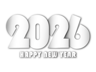 Happy New Year 2026 in white 3D typography. Clean paper cut numbers with soft shadow effect. Elegant holiday banner design for greeting cards and seasonal graphics.