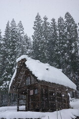 Traditional Japanese wooden hut with a thick snow roof in a winter forest.