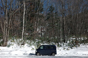 Small blue van parked on snowy roadside with winter forest and sunlight sun day