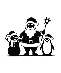 Christmas Celebration Scene Showing Santa with Magic Wand, Snowman, and Penguin in Bold Vector Design
