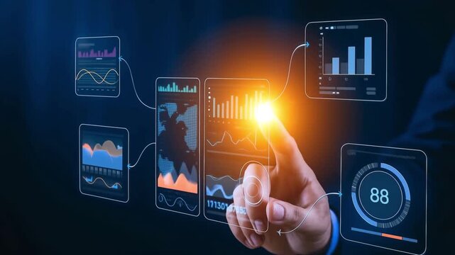 Business intelligence and digital analytics with interactive holographic charts, professional using futuristic data visualization technology