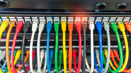 colorful network cable connecting on network core switch close up